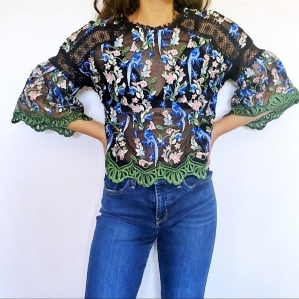 TopShop Embroidered floral and peacock print lace trim top